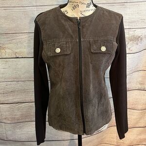 Vintage Escapade Suede Leather Sweater Jacket Brown Size Medium Pockets Zipper